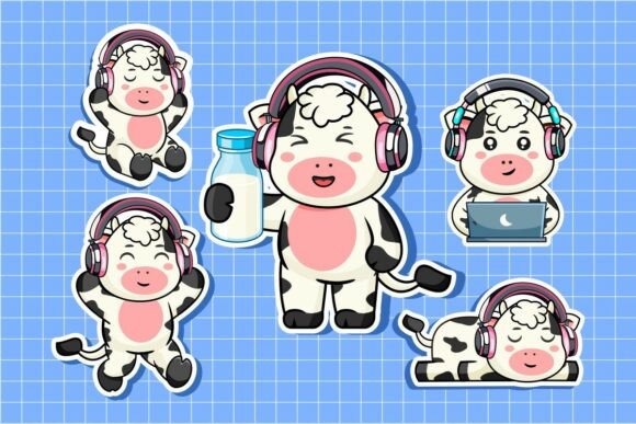 Cute Cow with Headphones Sticker Set