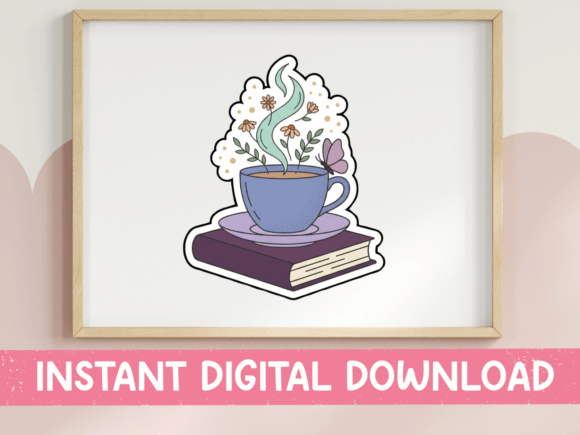 Floral Tea Cup on Books Sticker Review